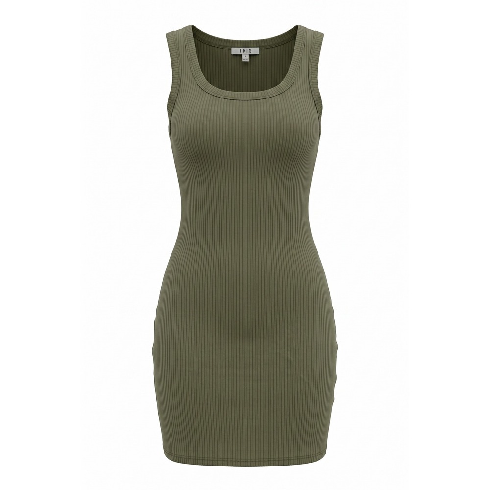 TRIS Olive Green Ribbed Mini Dress Sleeveless Bodycon Scoop‎ Neck Tank Dress M